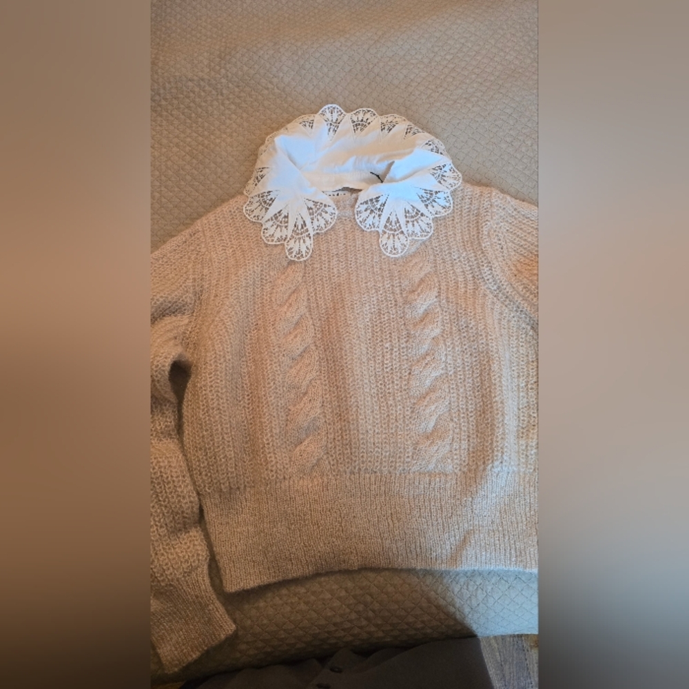 Sandro Beige Sweater with White Lace Collar